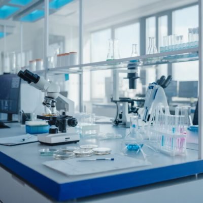 Modern Medical Research Laboratory. Scientific Lab and Drug Engineering Center Full of High-Tech Equipment, Computer Showing DNA concept, Technology for Vaccine Development. S